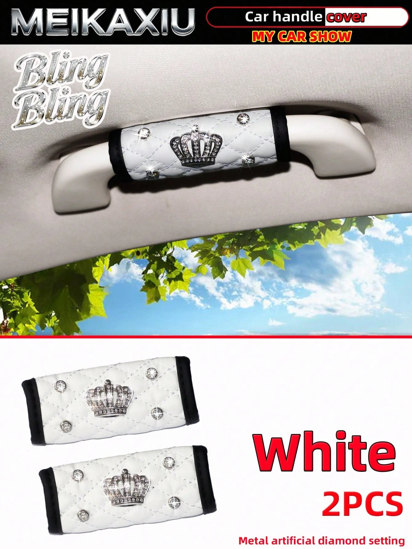 MEIKAXIU 2pcs Soft Faux Sheepskin Rhinestone Bling Bling Fabric Comfortable Breathable Car Grab Handle Protective Cover, Universal Car Interior Accessories