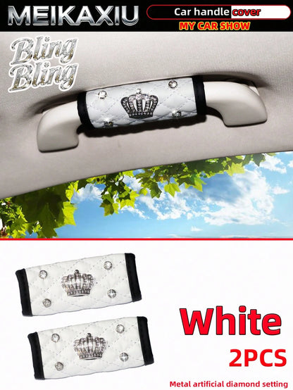MEIKAXIU 2pcs Soft Faux Sheepskin Rhinestone Bling Bling Fabric Comfortable Breathable Car Grab Handle Protective Cover, Universal Car Interior Accessories