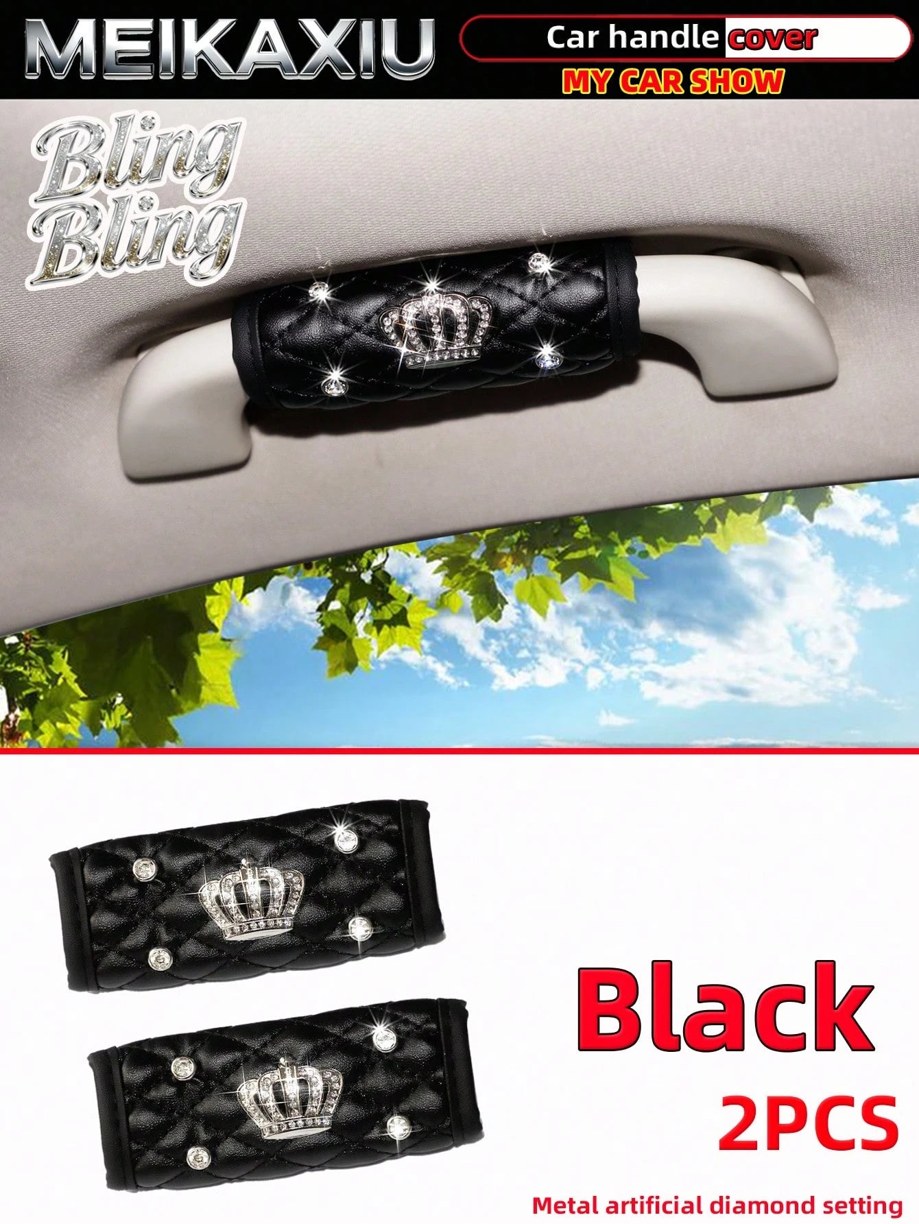 MEIKAXIU 2pcs Soft Faux Sheepskin Rhinestone Bling Bling Fabric Comfortable Breathable Car Grab Handle Protective Cover, Universal Car Interior Accessories