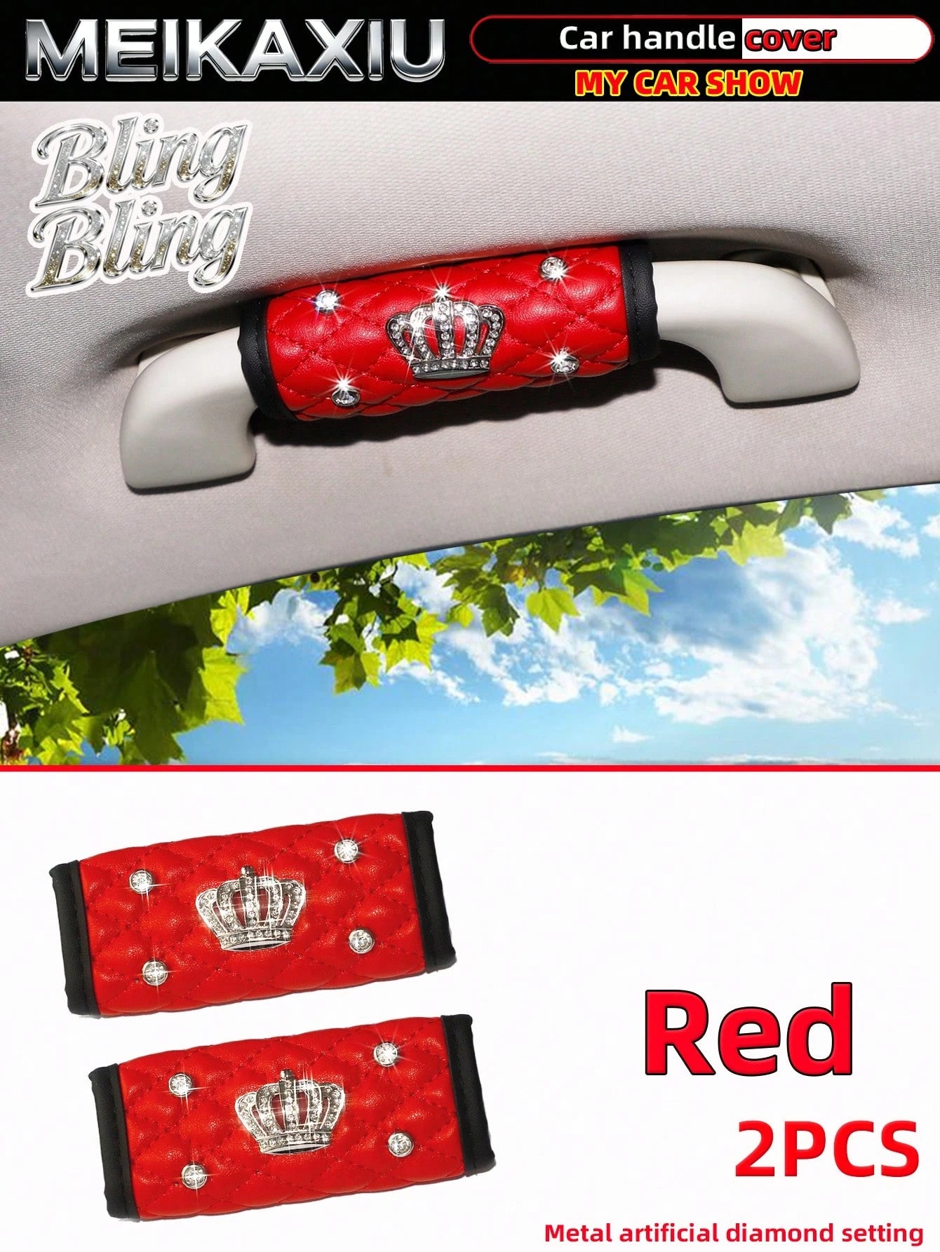MEIKAXIU 2pcs Soft Faux Sheepskin Rhinestone Bling Bling Fabric Comfortable Breathable Car Grab Handle Protective Cover, Universal Car Interior Accessories
