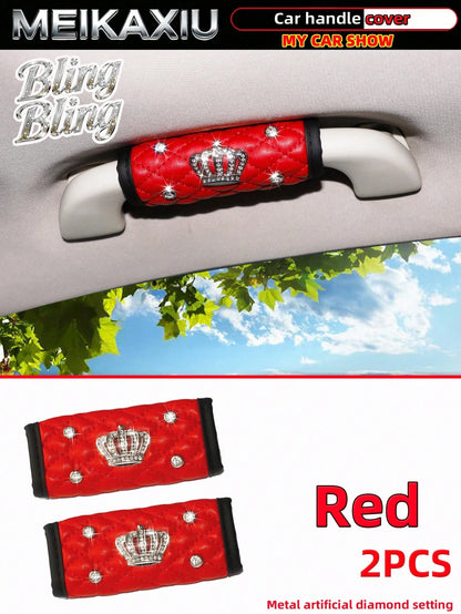 MEIKAXIU 2pcs Soft Faux Sheepskin Rhinestone Bling Bling Fabric Comfortable Breathable Car Grab Handle Protective Cover, Universal Car Interior Accessories