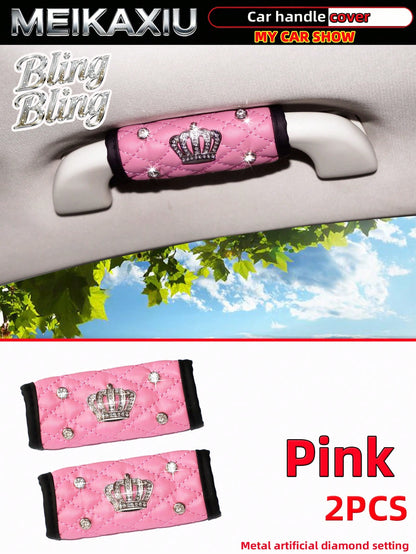 MEIKAXIU 2pcs Soft Faux Sheepskin Rhinestone Bling Bling Fabric Comfortable Breathable Car Grab Handle Protective Cover, Universal Car Interior Accessories