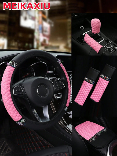MEIKAXIU 6pcs Set Leather Colorful Crystal Bling Steering Wheel Cover, Handbrake Cover, Gear Shift Knob Cover, Shoulder Pads, Armrest Pad, Suitable For 14.5-15 Inches, 4 Seasons Universal Car Interior