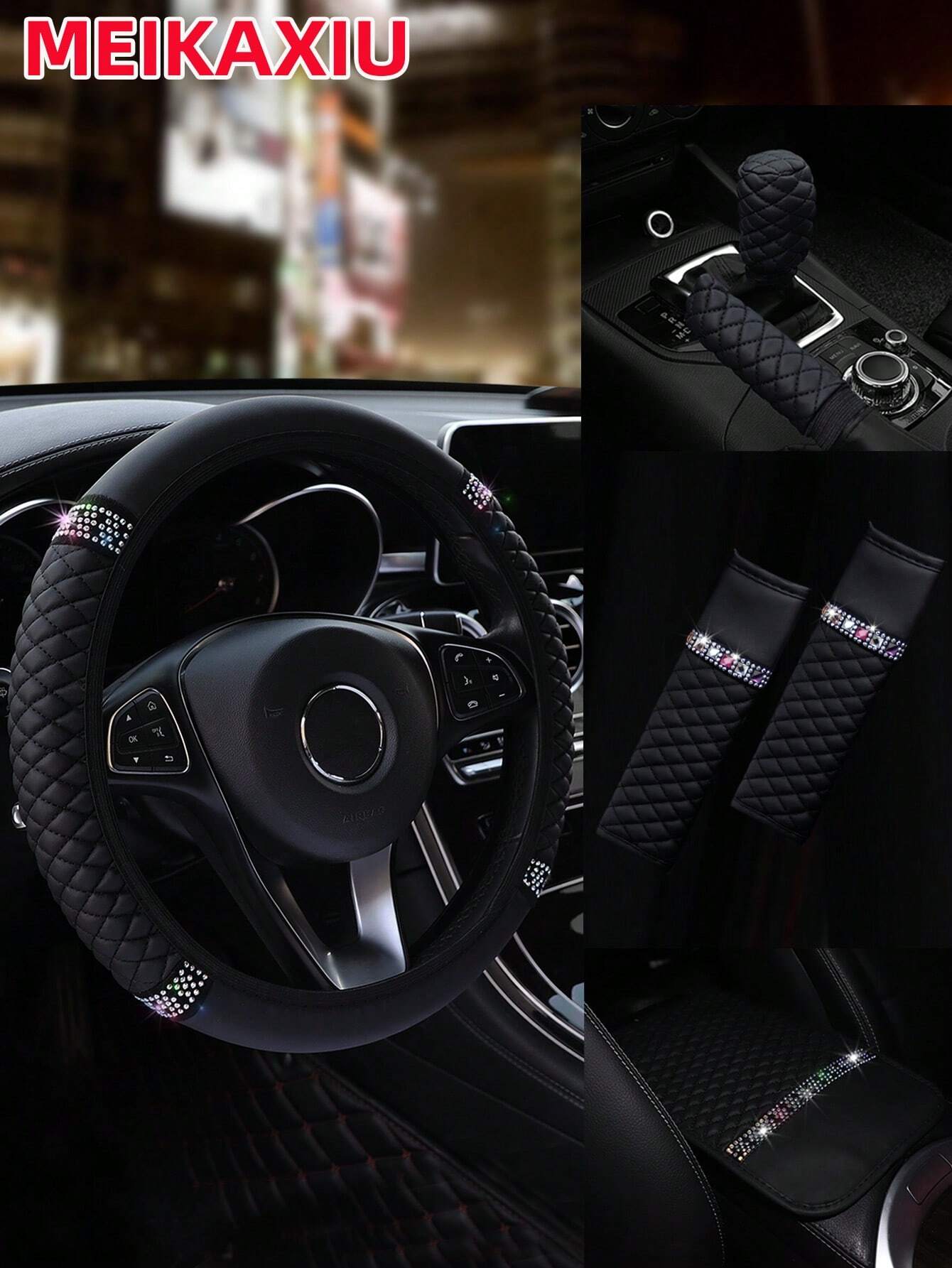 MEIKAXIU 6pcs Set Leather Colorful Crystal Bling Steering Wheel Cover, Handbrake Cover, Gear Shift Knob Cover, Shoulder Pads, Armrest Pad, Suitable For 14.5-15 Inches, 4 Seasons Universal Car Interior
