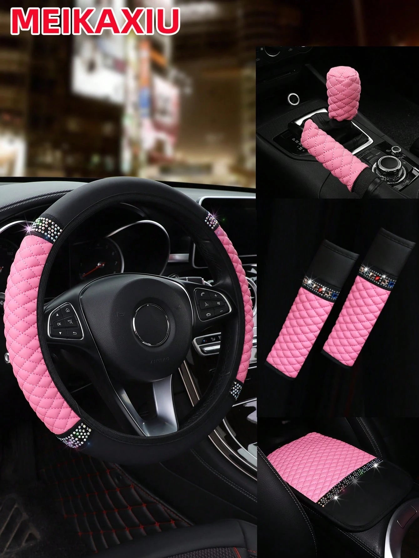 MEIKAXIU 6pcs Set Leather Colorful Crystal Bling Steering Wheel Cover, Handbrake Cover, Gear Shift Knob Cover, Shoulder Pads, Armrest Pad, Suitable For 14.5-15 Inches, 4 Seasons Universal Car Interior
