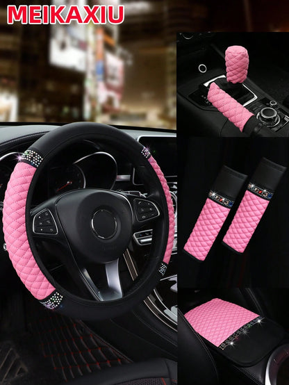 MEIKAXIU 6pcs Set Leather Colorful Crystal Bling Steering Wheel Cover, Handbrake Cover, Gear Shift Knob Cover, Shoulder Pads, Armrest Pad, Suitable For 14.5-15 Inches, 4 Seasons Universal Car Interior