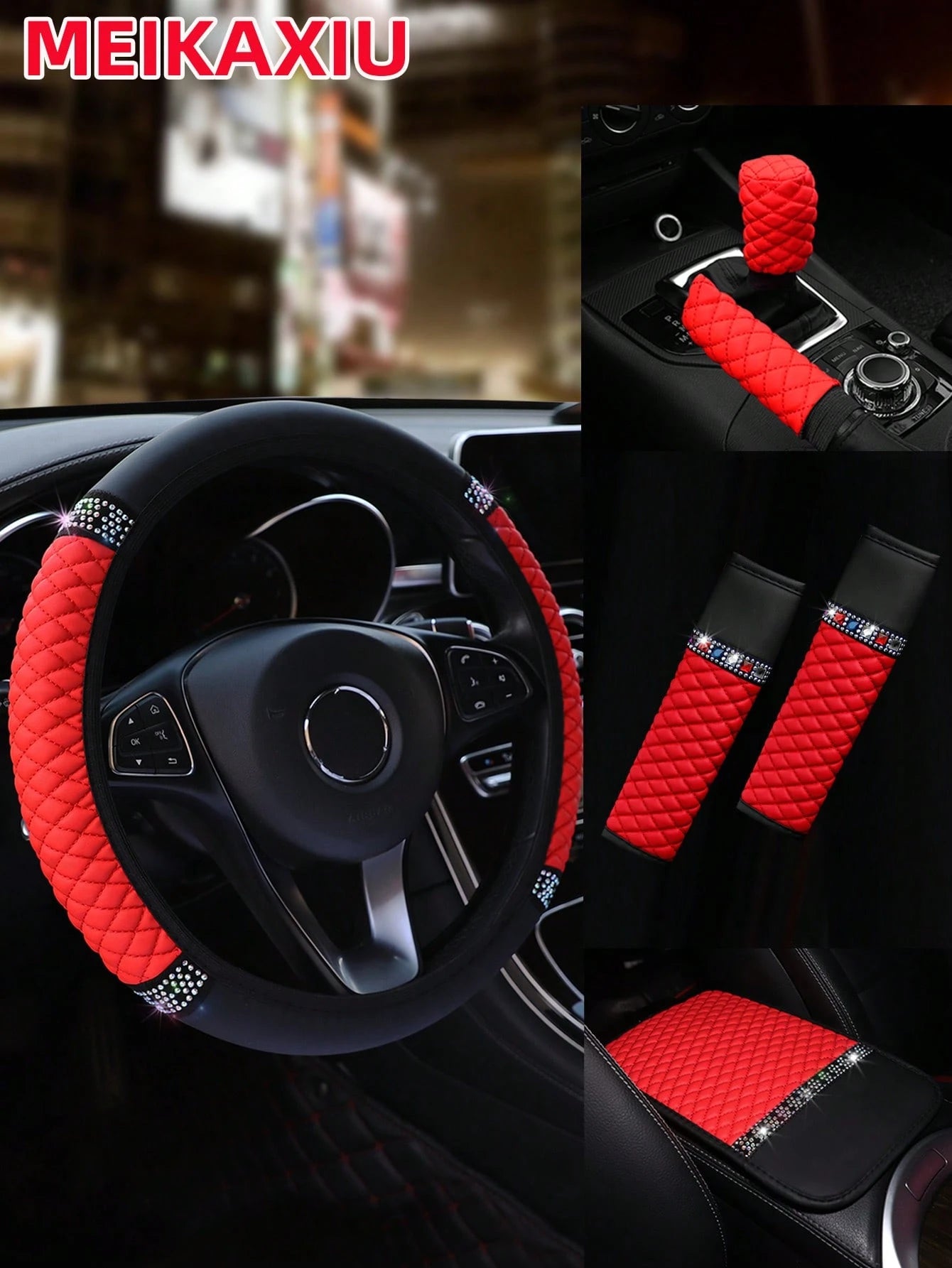 MEIKAXIU 6pcs Set Leather Colorful Crystal Bling Steering Wheel Cover, Handbrake Cover, Gear Shift Knob Cover, Shoulder Pads, Armrest Pad, Suitable For 14.5-15 Inches, 4 Seasons Universal Car Interior
