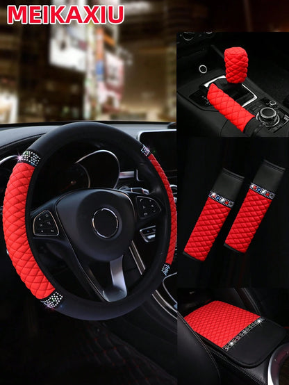 MEIKAXIU 6pcs Set Leather Colorful Crystal Bling Steering Wheel Cover, Handbrake Cover, Gear Shift Knob Cover, Shoulder Pads, Armrest Pad, Suitable For 14.5-15 Inches, 4 Seasons Universal Car Interior