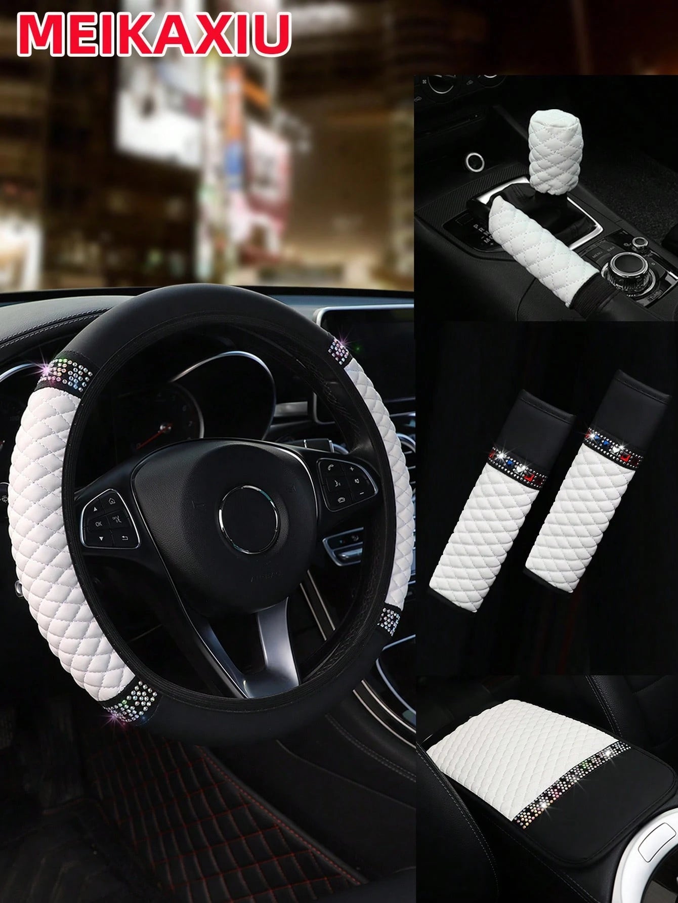MEIKAXIU 6pcs Set Leather Colorful Crystal Bling Steering Wheel Cover, Handbrake Cover, Gear Shift Knob Cover, Shoulder Pads, Armrest Pad, Suitable For 14.5-15 Inches, 4 Seasons Universal Car Interior