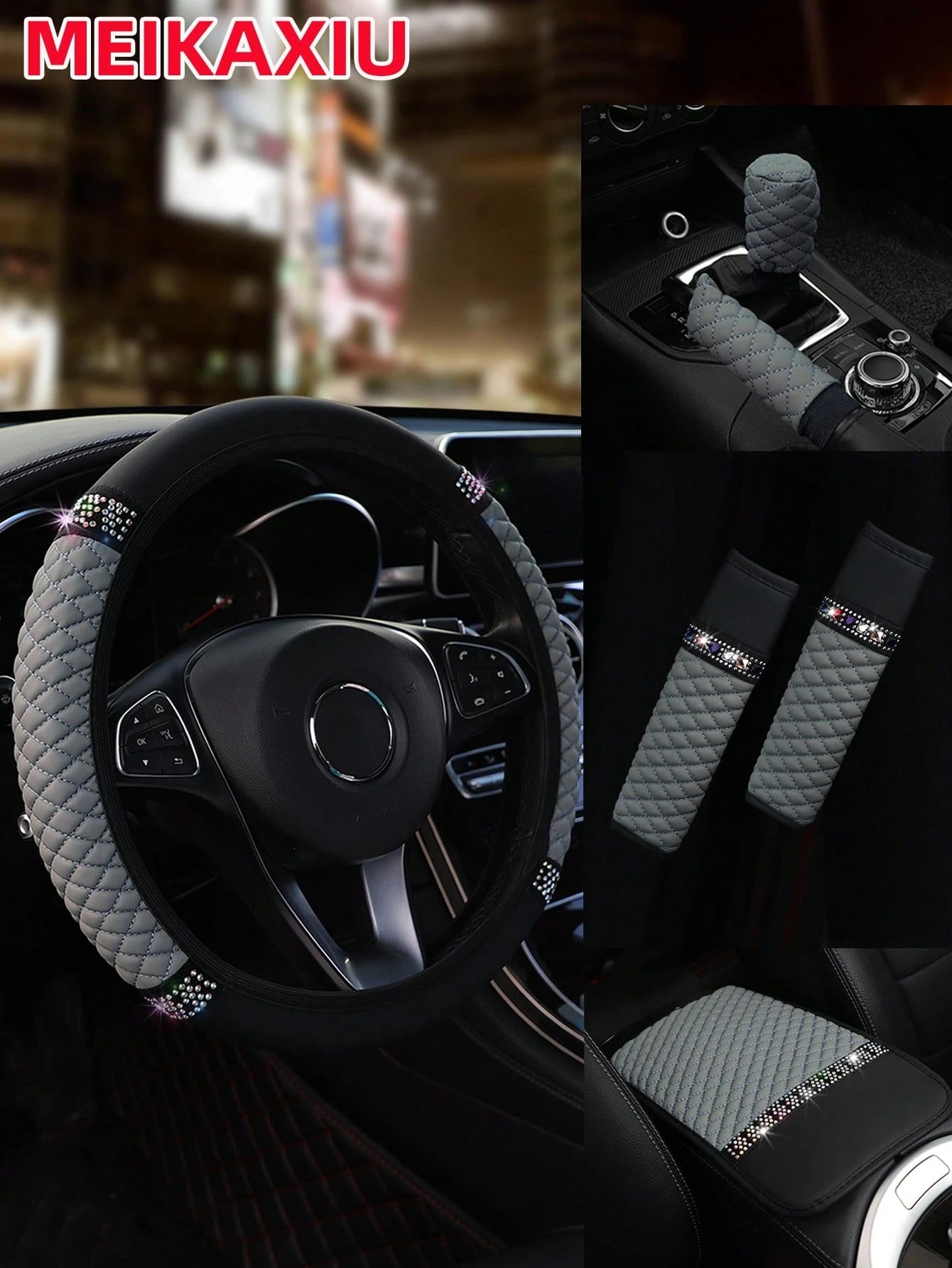 MEIKAXIU 6pcs Set Leather Colorful Crystal Bling Steering Wheel Cover, Handbrake Cover, Gear Shift Knob Cover, Shoulder Pads, Armrest Pad, Suitable For 14.5-15 Inches, 4 Seasons Universal Car Interior