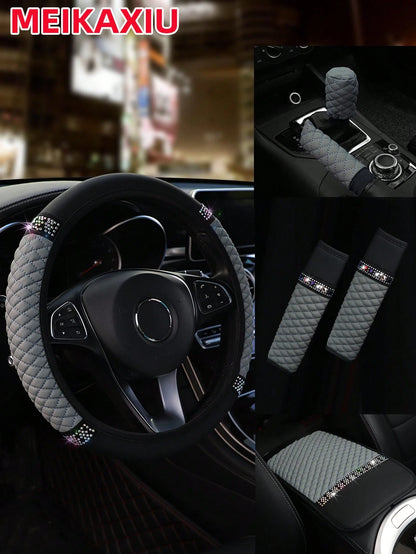 MEIKAXIU 6pcs Set Leather Colorful Crystal Bling Steering Wheel Cover, Handbrake Cover, Gear Shift Knob Cover, Shoulder Pads, Armrest Pad, Suitable For 14.5-15 Inches, 4 Seasons Universal Car Interior