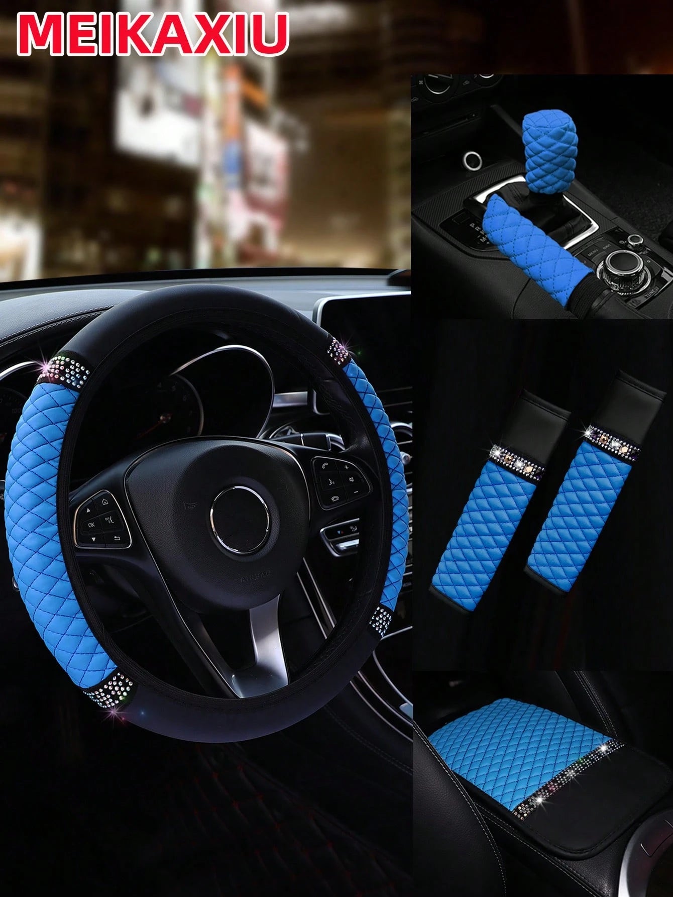 MEIKAXIU 6pcs Set Leather Colorful Crystal Bling Steering Wheel Cover, Handbrake Cover, Gear Shift Knob Cover, Shoulder Pads, Armrest Pad, Suitable For 14.5-15 Inches, 4 Seasons Universal Car Interior