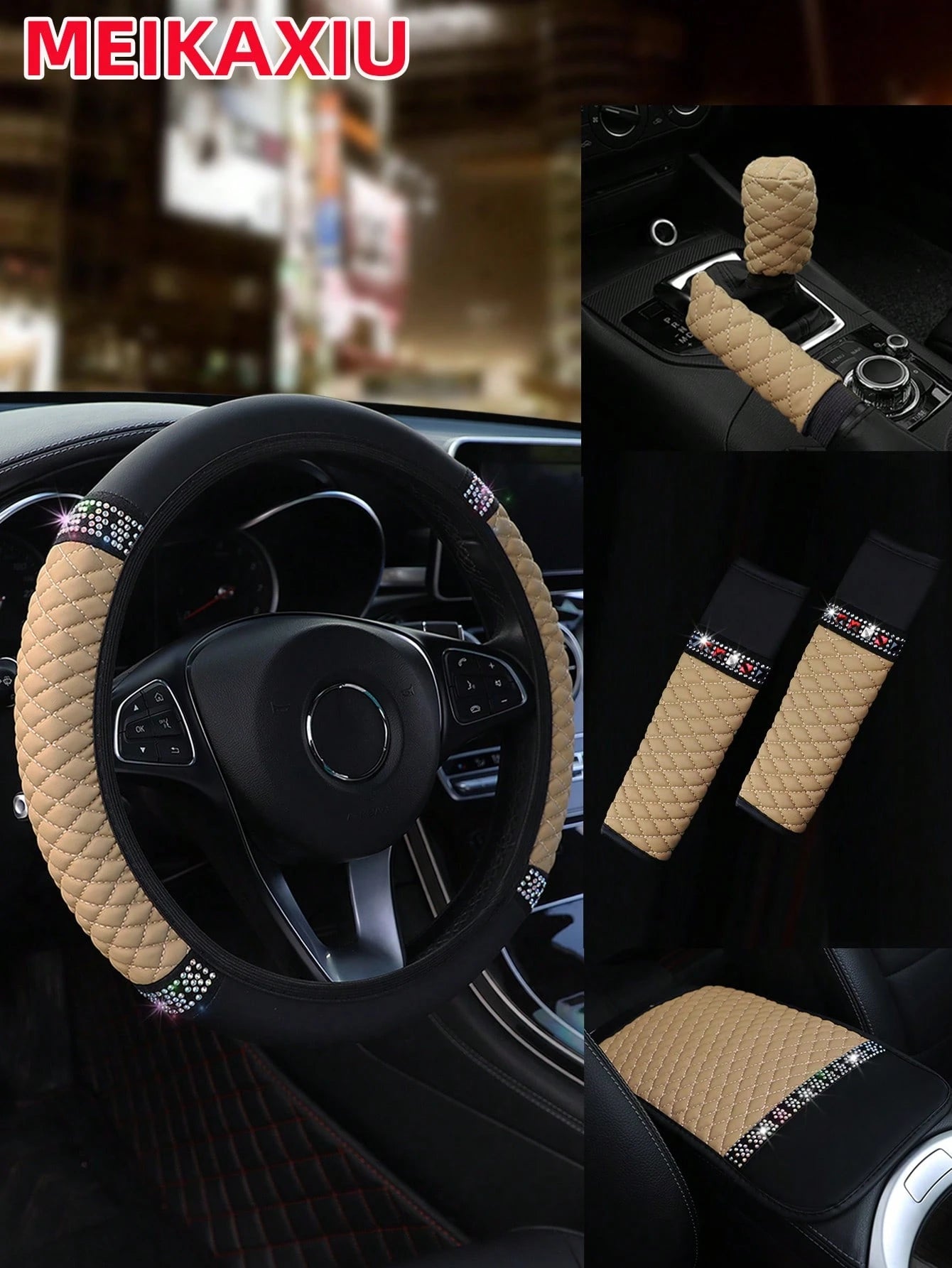 MEIKAXIU 6pcs Set Leather Colorful Crystal Bling Steering Wheel Cover, Handbrake Cover, Gear Shift Knob Cover, Shoulder Pads, Armrest Pad, Suitable For 14.5-15 Inches, 4 Seasons Universal Car Interior