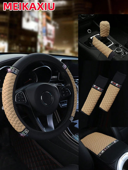 MEIKAXIU 6pcs Set Leather Colorful Crystal Bling Steering Wheel Cover, Handbrake Cover, Gear Shift Knob Cover, Shoulder Pads, Armrest Pad, Suitable For 14.5-15 Inches, 4 Seasons Universal Car Interior