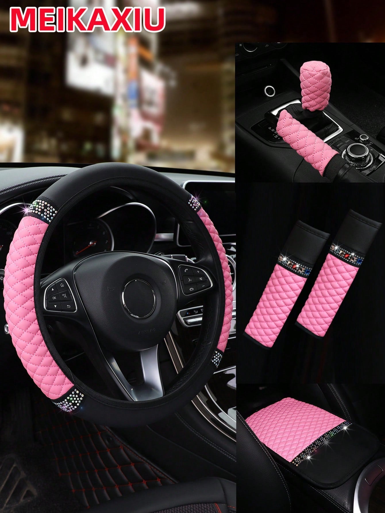 MEIKAXIU 6pcs Set Leather Colorful Crystal Bling Steering Wheel Cover, Handbrake Cover, Gear Shift Knob Cover, Shoulder Pads, Armrest Pad, Suitable For 14.5-15 Inches, 4 Seasons Universal Car Interior