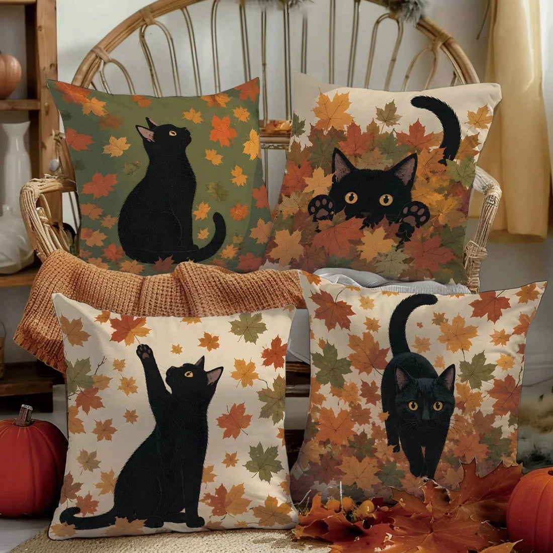 MEMNUN 4pcs Autumn Black Cat Vintage Maple Leaf Background Cute Black Cat Illustration Print Pattern Pillow Covers [Pillow Insert Not Included] 40*40cm/45*45cm/50*50cm [Single-Sided Printing] Made Of