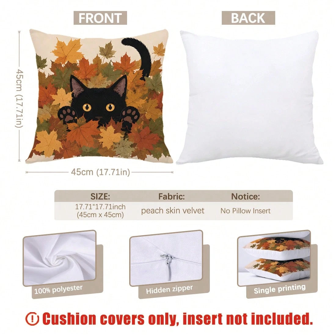 MEMNUN 4pcs Autumn Black Cat Vintage Maple Leaf Background Cute Black Cat Illustration Print Pattern Pillow Covers [Pillow Insert Not Included] 40*40cm/45*45cm/50*50cm [Single-Sided Printing] Made Of