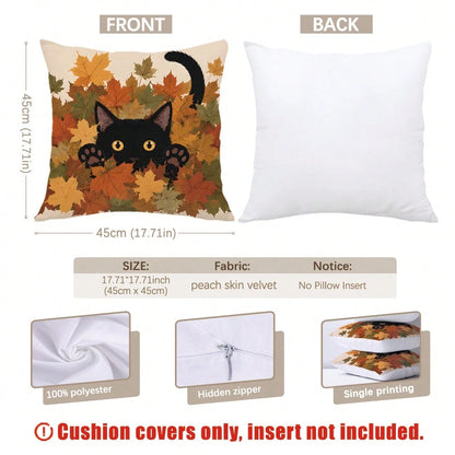 MEMNUN 4pcs Autumn Black Cat Vintage Maple Leaf Background Cute Black Cat Illustration Print Pattern Pillow Covers [Pillow Insert Not Included] 40*40cm/45*45cm/50*50cm [Single-Sided Printing] Made Of