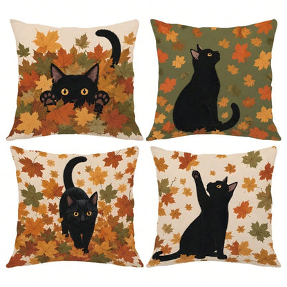 MEMNUN 4pcs Autumn Black Cat Vintage Maple Leaf Background Cute Black Cat Illustration Print Pattern Pillow Covers [Pillow Insert Not Included] 40*40cm/45*45cm/50*50cm [Single-Sided Printing] Made Of