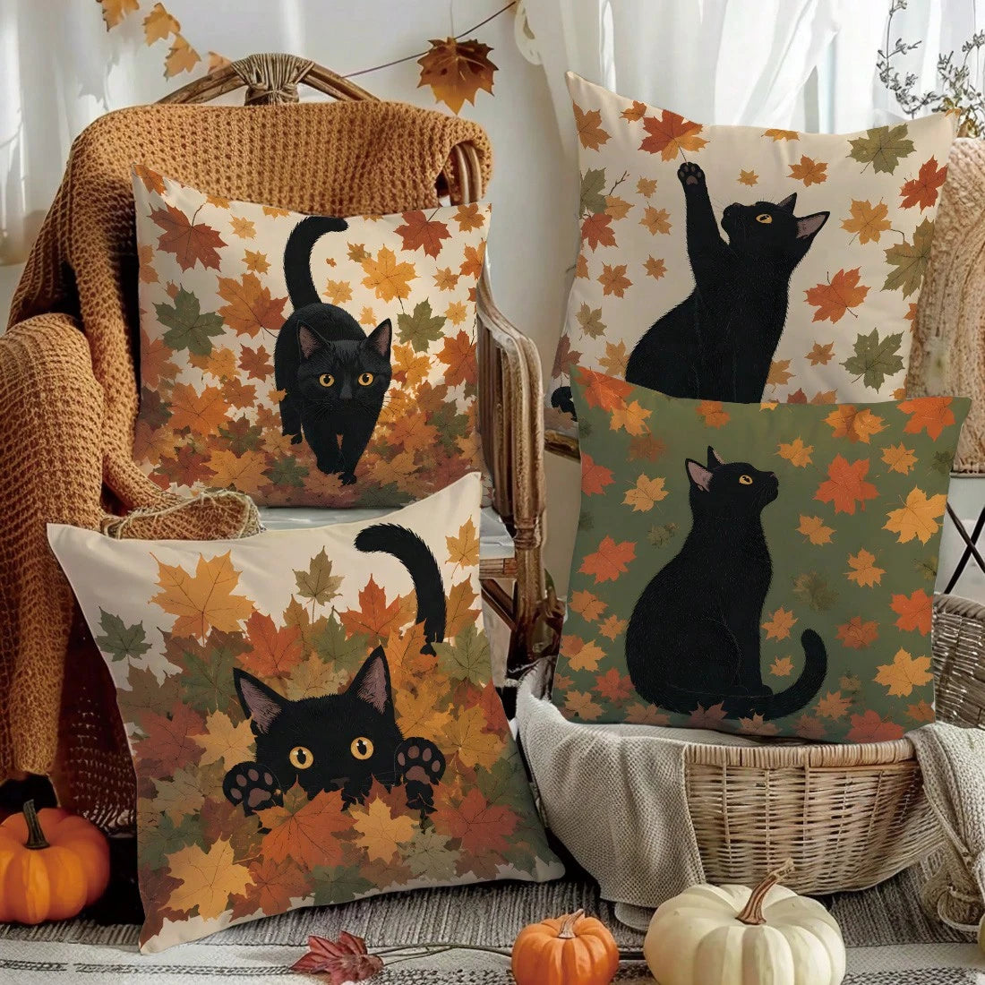 MEMNUN 4pcs Autumn Black Cat Vintage Maple Leaf Background Cute Black Cat Illustration Print Pattern Pillow Covers [Pillow Insert Not Included] 40*40cm/45*45cm/50*50cm [Single-Sided Printing] Made Of