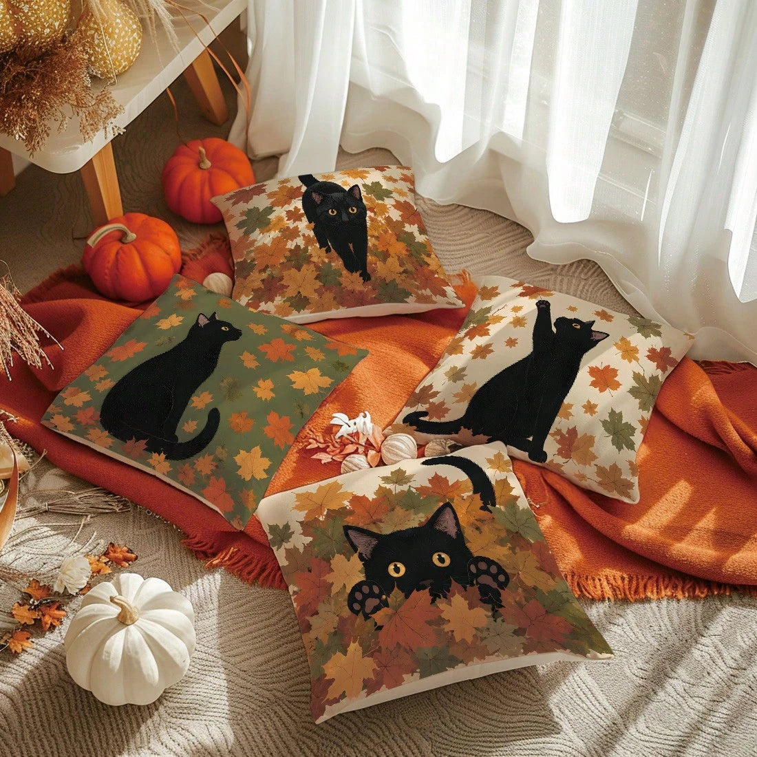 MEMNUN 4pcs Autumn Black Cat Vintage Maple Leaf Background Cute Black Cat Illustration Print Pattern Pillow Covers [Pillow Insert Not Included] 40*40cm/45*45cm/50*50cm [Single-Sided Printing] Made Of