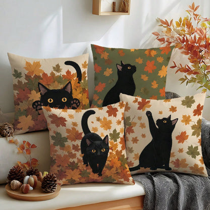 MEMNUN 4pcs Autumn Black Cat Vintage Maple Leaf Background Cute Black Cat Illustration Print Pattern Pillow Covers [Pillow Insert Not Included] 40*40cm/45*45cm/50*50cm [Single-Sided Printing] Made Of
