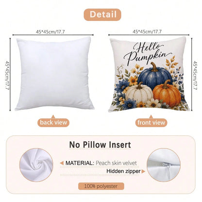 MEMNUN 4pcs Autumn Blue & White Pumpkin Wooden House Maple Leaf Print Pillow Covers [No Pillow Insert], 40*40cm/45*45cm/50*50cm [Single-Sided Print] Made Of Polyester Material Hello Pumpkin Fall In Lo