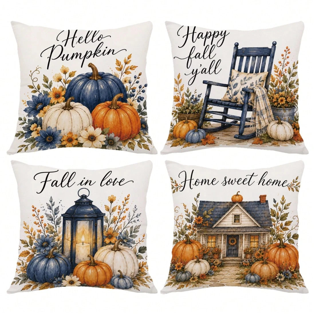 MEMNUN 4pcs Autumn Blue & White Pumpkin Wooden House Maple Leaf Print Pillow Covers [No Pillow Insert], 40*40cm/45*45cm/50*50cm [Single-Sided Print] Made Of Polyester Material Hello Pumpkin Fall In Lo
