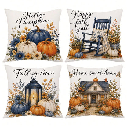 MEMNUN 4pcs Autumn Blue & White Pumpkin Wooden House Maple Leaf Print Pillow Covers [No Pillow Insert], 40*40cm/45*45cm/50*50cm [Single-Sided Print] Made Of Polyester Material Hello Pumpkin Fall In Lo