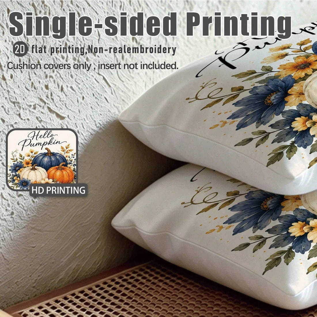 MEMNUN 4pcs Autumn Blue & White Pumpkin Wooden House Maple Leaf Print Pillow Covers [No Pillow Insert], 40*40cm/45*45cm/50*50cm [Single-Sided Print] Made Of Polyester Material Hello Pumpkin Fall In Lo