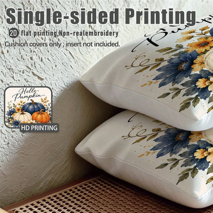 MEMNUN 4pcs Autumn Blue & White Pumpkin Wooden House Maple Leaf Print Pillow Covers [No Pillow Insert], 40*40cm/45*45cm/50*50cm [Single-Sided Print] Made Of Polyester Material Hello Pumpkin Fall In Lo