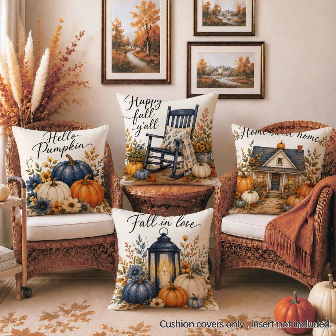 MEMNUN 4pcs Autumn Blue & White Pumpkin Wooden House Maple Leaf Print Pillow Covers [No Pillow Insert], 40*40cm/45*45cm/50*50cm [Single-Sided Print] Made Of Polyester Material Hello Pumpkin Fall In Lo