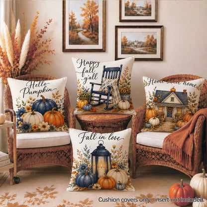 MEMNUN 4pcs Autumn Blue & White Pumpkin Wooden House Maple Leaf Print Pillow Covers [No Pillow Insert], 40*40cm/45*45cm/50*50cm [Single-Sided Print] Made Of Polyester Material Hello Pumpkin Fall In Lo