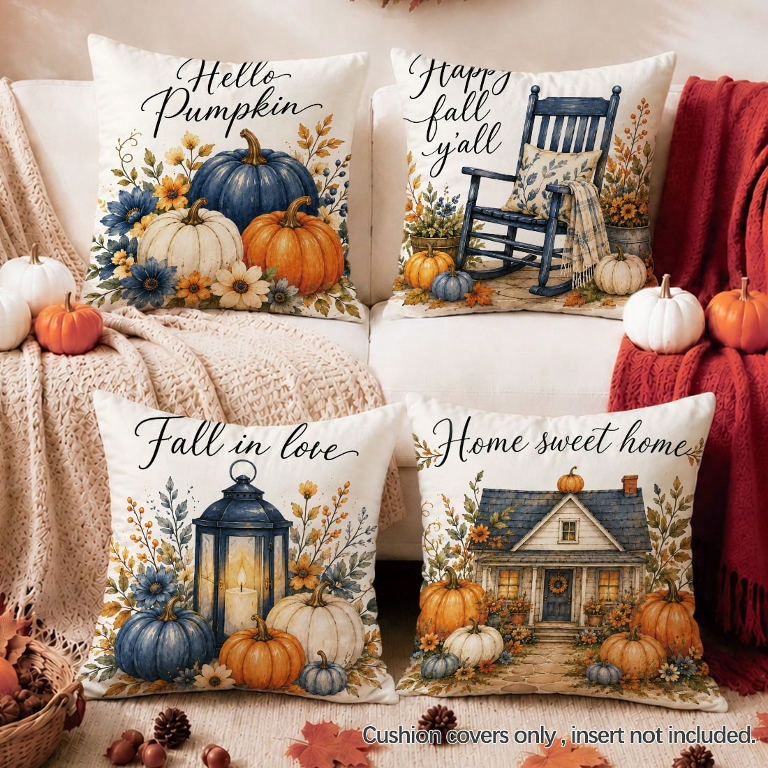 MEMNUN 4pcs Autumn Blue & White Pumpkin Wooden House Maple Leaf Print Pillow Covers [No Pillow Insert], 40*40cm/45*45cm/50*50cm [Single-Sided Print] Made Of Polyester Material Hello Pumpkin Fall In Lo