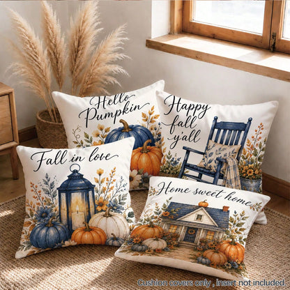 MEMNUN 4pcs Autumn Blue & White Pumpkin Wooden House Maple Leaf Print Pillow Covers [No Pillow Insert], 40*40cm/45*45cm/50*50cm [Single-Sided Print] Made Of Polyester Material Hello Pumpkin Fall In Lo