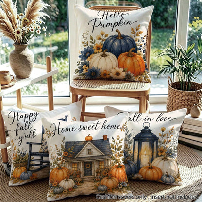 MEMNUN 4pcs Autumn Blue & White Pumpkin Wooden House Maple Leaf Print Pillow Covers [No Pillow Insert], 40*40cm/45*45cm/50*50cm [Single-Sided Print] Made Of Polyester Material Hello Pumpkin Fall In Lo