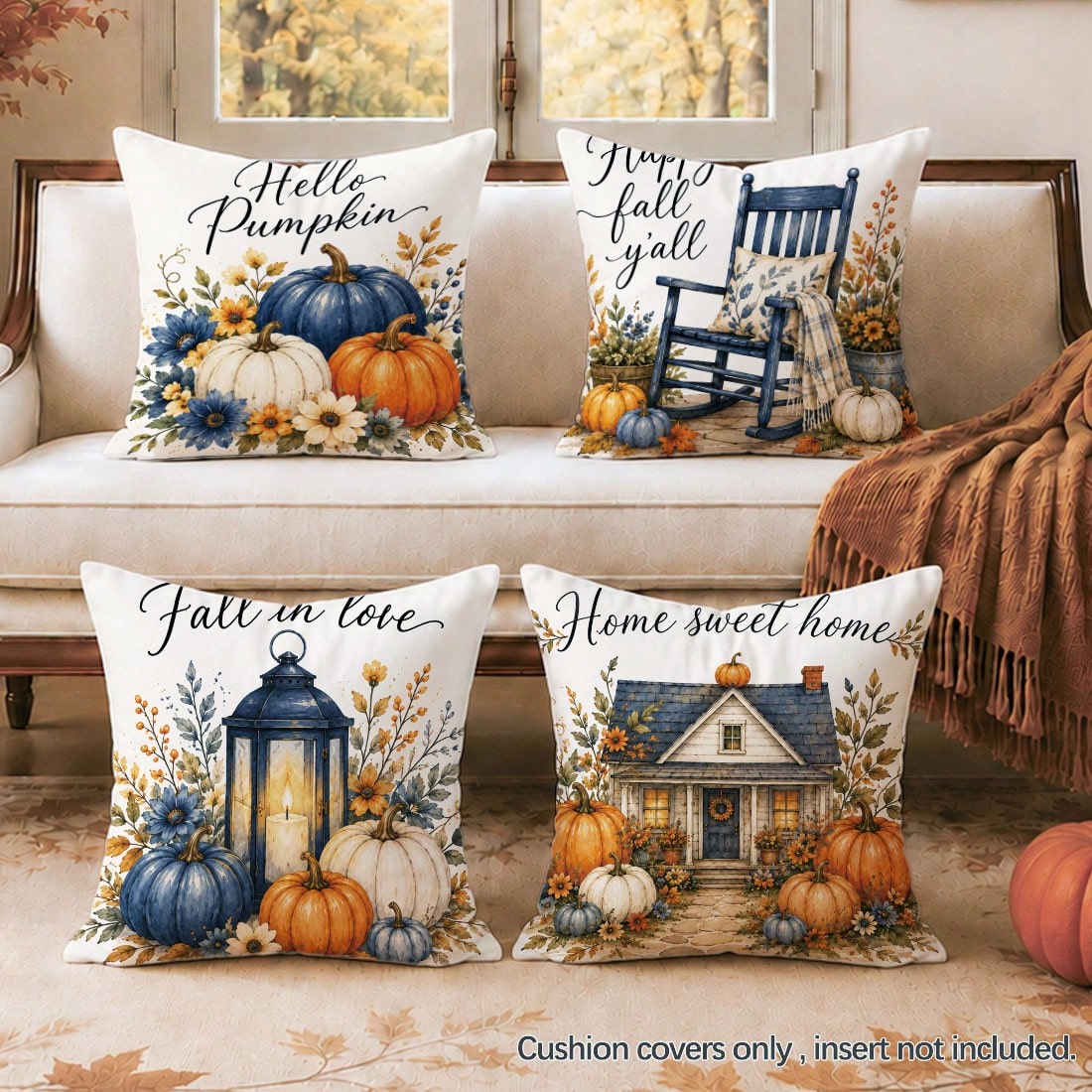 MEMNUN 4pcs Autumn Blue & White Pumpkin Wooden House Maple Leaf Print Pillow Covers [No Pillow Insert], 40*40cm/45*45cm/50*50cm [Single-Sided Print] Made Of Polyester Material Hello Pumpkin Fall In Lo