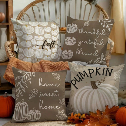 MEMNUN 4pcs Autumn Milk Tea Color Hand-Painted White Pumpkin Print Pattern Pillow Covers [No Pillow Insert], 40*40cm/45*45cm/50*50cm, [Single-Sided Printing] Made Of Polyester Material PUMPKIN Minimal
