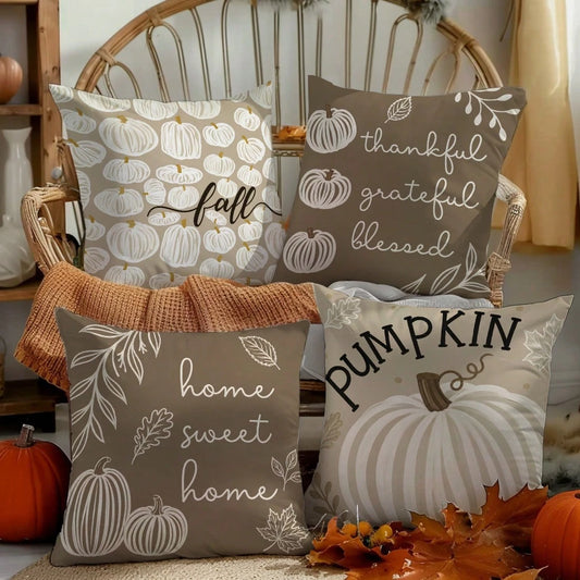 MEMNUN 4pcs Autumn Milk Tea Color Hand-Painted White Pumpkin Print Pattern Pillow Covers [No Pillow Insert], 40*40cm/45*45cm/50*50cm, [Single-Sided Printing] Made Of Polyester Material PUMPKIN Minimal