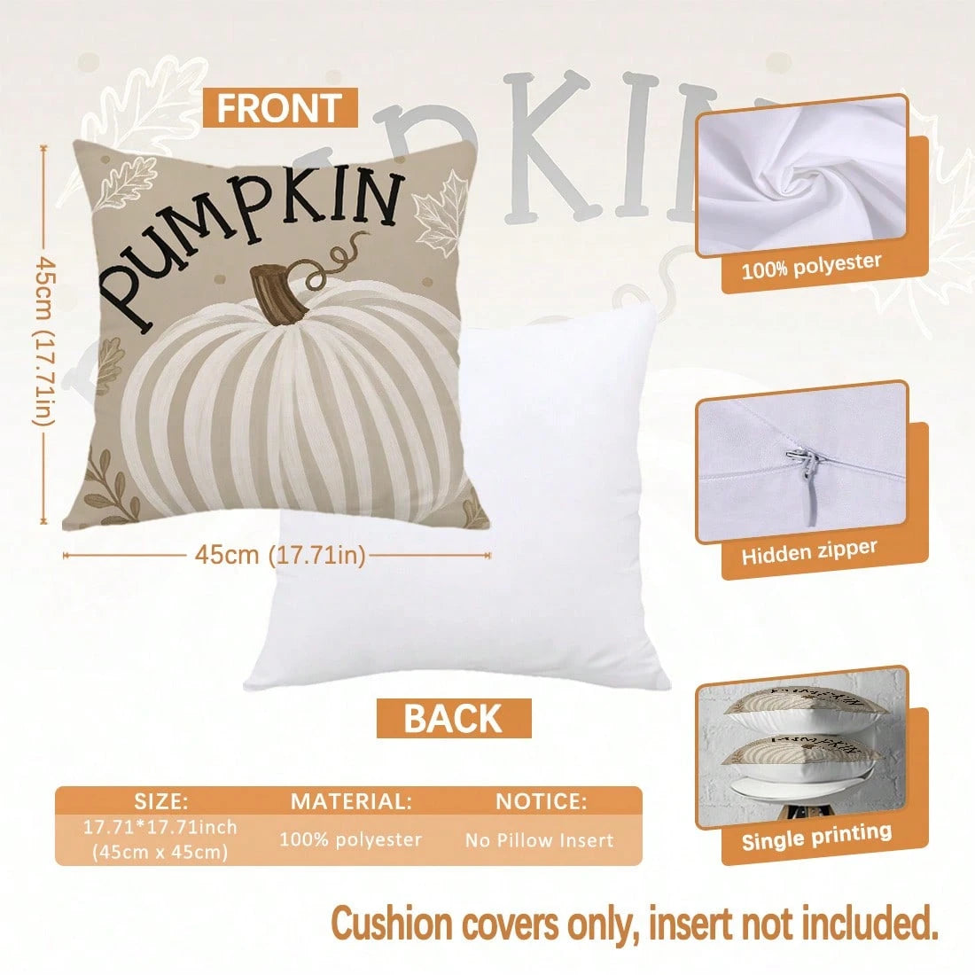 MEMNUN 4pcs Autumn Milk Tea Color Hand-Painted White Pumpkin Print Pattern Pillow Covers [No Pillow Insert], 40*40cm/45*45cm/50*50cm, [Single-Sided Printing] Made Of Polyester Material PUMPKIN Minimal