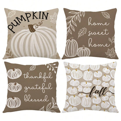 MEMNUN 4pcs Autumn Milk Tea Color Hand-Painted White Pumpkin Print Pattern Pillow Covers [No Pillow Insert], 40*40cm/45*45cm/50*50cm, [Single-Sided Printing] Made Of Polyester Material PUMPKIN Minimal