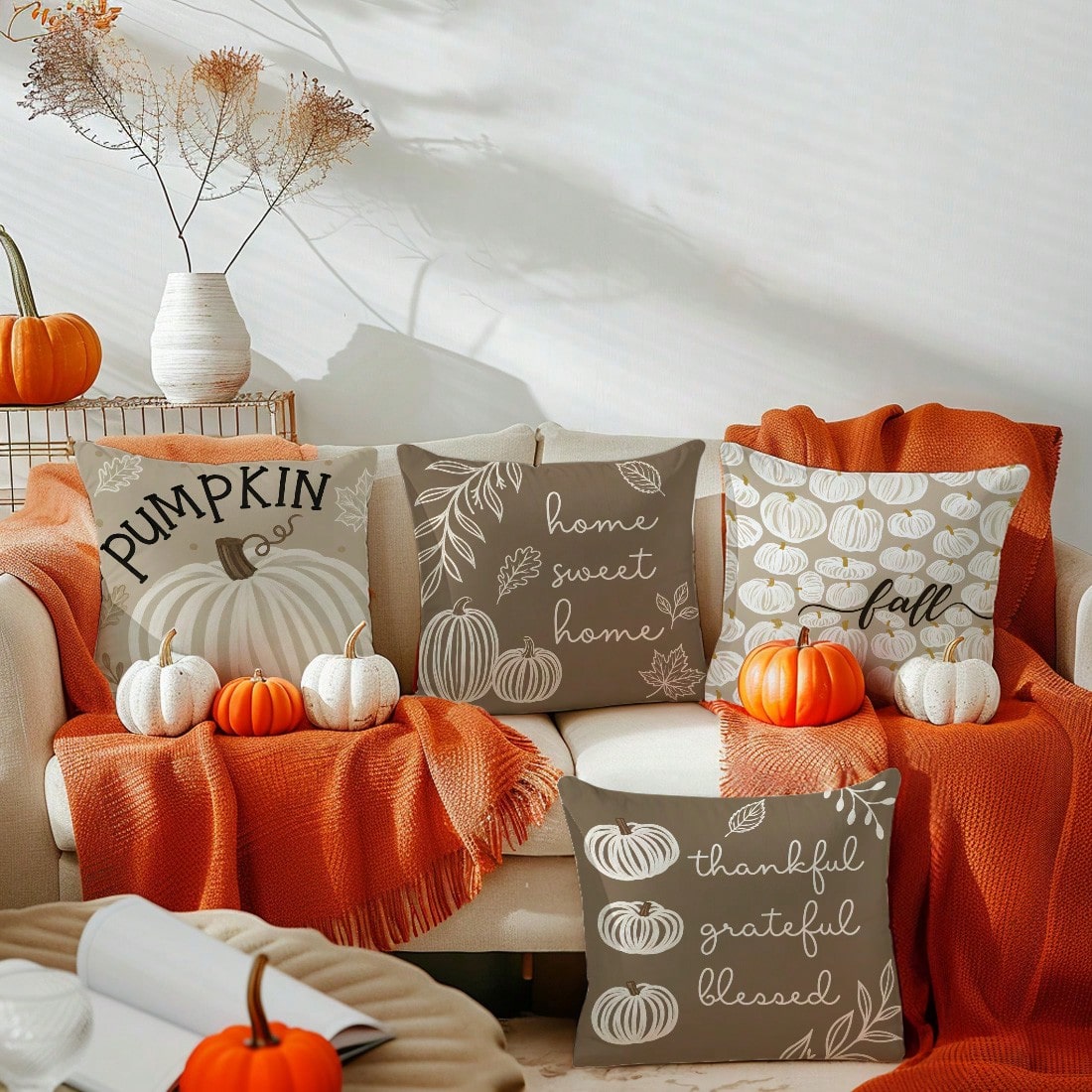 MEMNUN 4pcs Autumn Milk Tea Color Hand-Painted White Pumpkin Print Pattern Pillow Covers [No Pillow Insert], 40*40cm/45*45cm/50*50cm, [Single-Sided Printing] Made Of Polyester Material PUMPKIN Minimal
