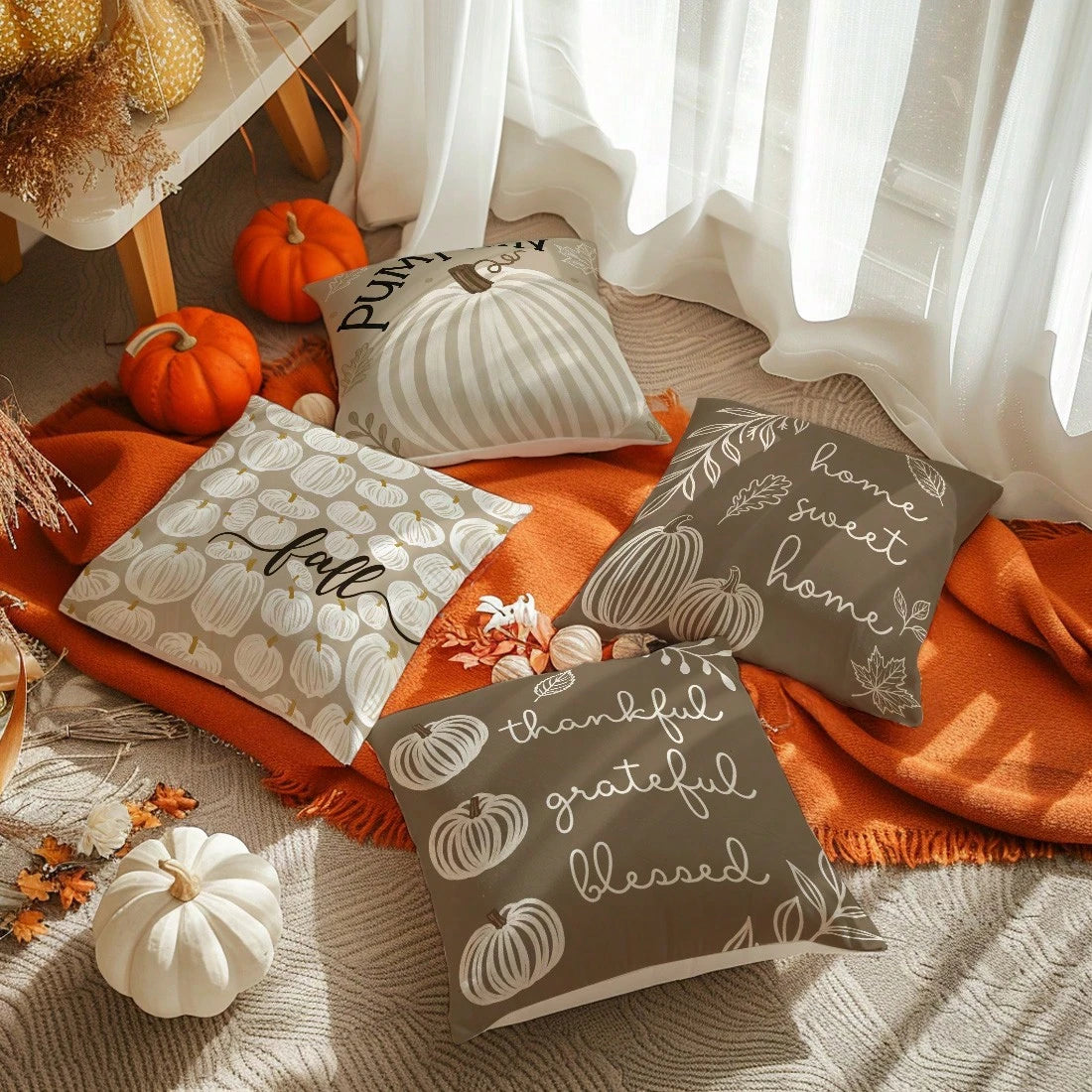 MEMNUN 4pcs Autumn Milk Tea Color Hand-Painted White Pumpkin Print Pattern Pillow Covers [No Pillow Insert], 40*40cm/45*45cm/50*50cm, [Single-Sided Printing] Made Of Polyester Material PUMPKIN Minimal