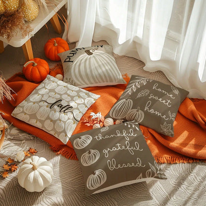 MEMNUN 4pcs Autumn Milk Tea Color Hand-Painted White Pumpkin Print Pattern Pillow Covers [No Pillow Insert], 40*40cm/45*45cm/50*50cm, [Single-Sided Printing] Made Of Polyester Material PUMPKIN Minimal