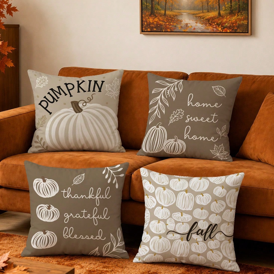 MEMNUN 4pcs Autumn Milk Tea Color Hand-Painted White Pumpkin Print Pattern Pillow Covers [No Pillow Insert], 40*40cm/45*45cm/50*50cm, [Single-Sided Printing] Made Of Polyester Material PUMPKIN Minimal