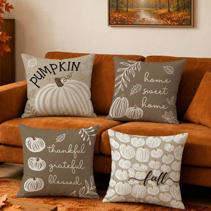 MEMNUN 4pcs Autumn Milk Tea Color Hand-Painted White Pumpkin Print Pattern Pillow Covers [No Pillow Insert], 40*40cm/45*45cm/50*50cm, [Single-Sided Printing] Made Of Polyester Material PUMPKIN Minimal