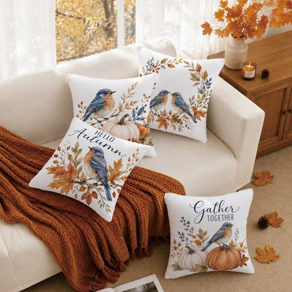 MEMNUN 4pcs Watercolor Blue Robin Autumn Branch Leaf Pumpkin Print Pillow Covers [No Pillow Insert], 40*40cm/45*45cm/50*50cm, [Single-Sided Print] Made Of Polyester Material Hello Autumn Wreath Berry