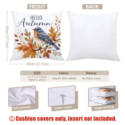 MEMNUN 4pcs Watercolor Blue Robin Autumn Branch Leaf Pumpkin Print Pillow Covers [No Pillow Insert], 40*40cm/45*45cm/50*50cm, [Single-Sided Print] Made Of Polyester Material Hello Autumn Wreath Berry