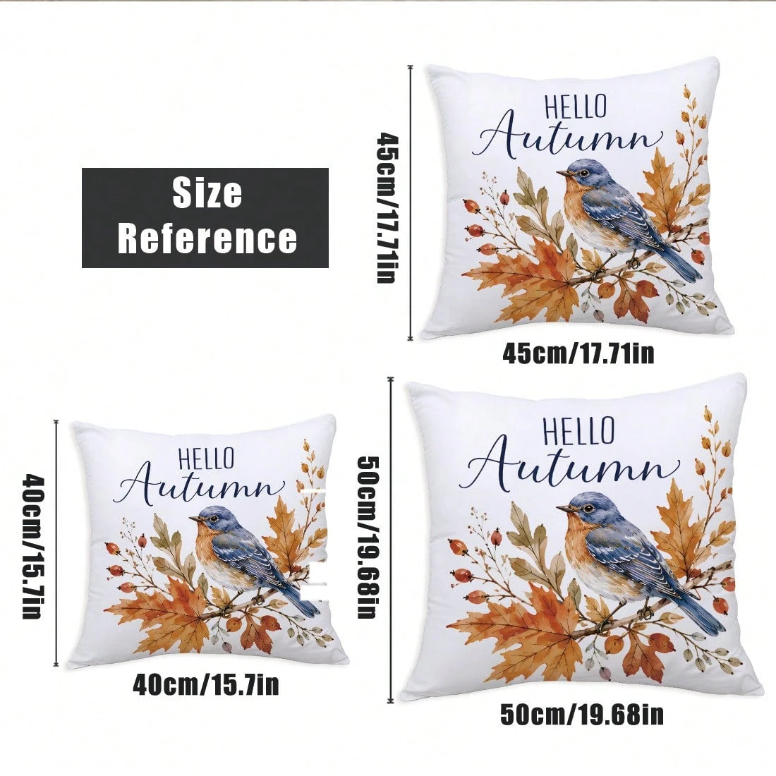 MEMNUN 4pcs Watercolor Blue Robin Autumn Branch Leaf Pumpkin Print Pillow Covers [No Pillow Insert], 40*40cm/45*45cm/50*50cm, [Single-Sided Print] Made Of Polyester Material Hello Autumn Wreath Berry