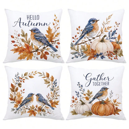 MEMNUN 4pcs Watercolor Blue Robin Autumn Branch Leaf Pumpkin Print Pillow Covers [No Pillow Insert], 40*40cm/45*45cm/50*50cm, [Single-Sided Print] Made Of Polyester Material Hello Autumn Wreath Berry